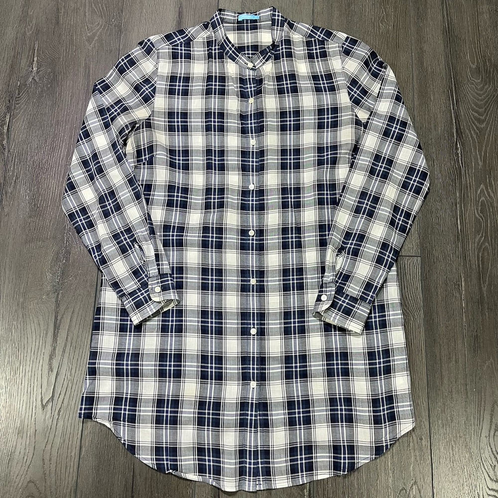 J Mclaughlin Tunic Women M Shirt Plaid Band Collar Pockets Lightweight Boho Mom‎